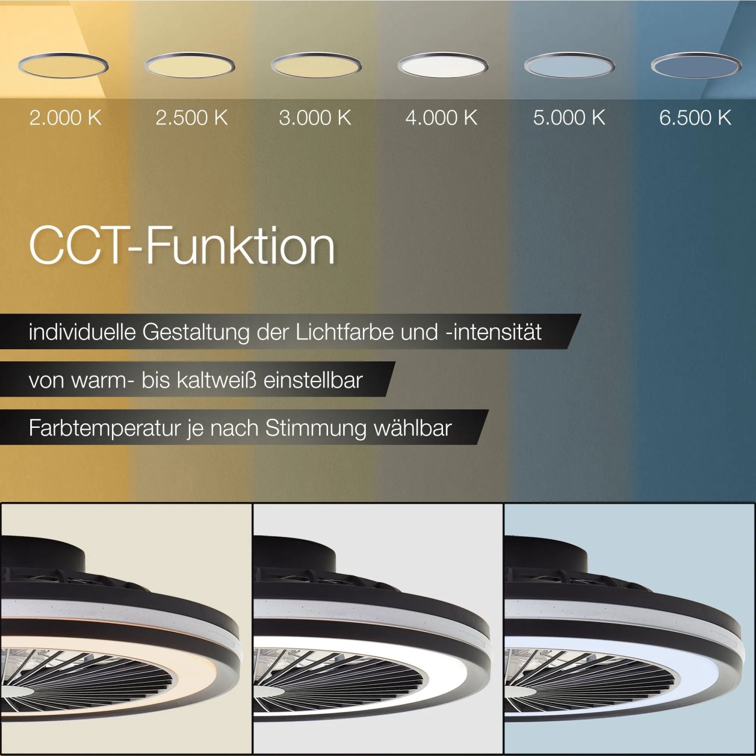 LED-Deckenleuchte Palmero: Farbtemperatur von warmweiß bis kaltweiß einstellbar (CCT-Funktion).