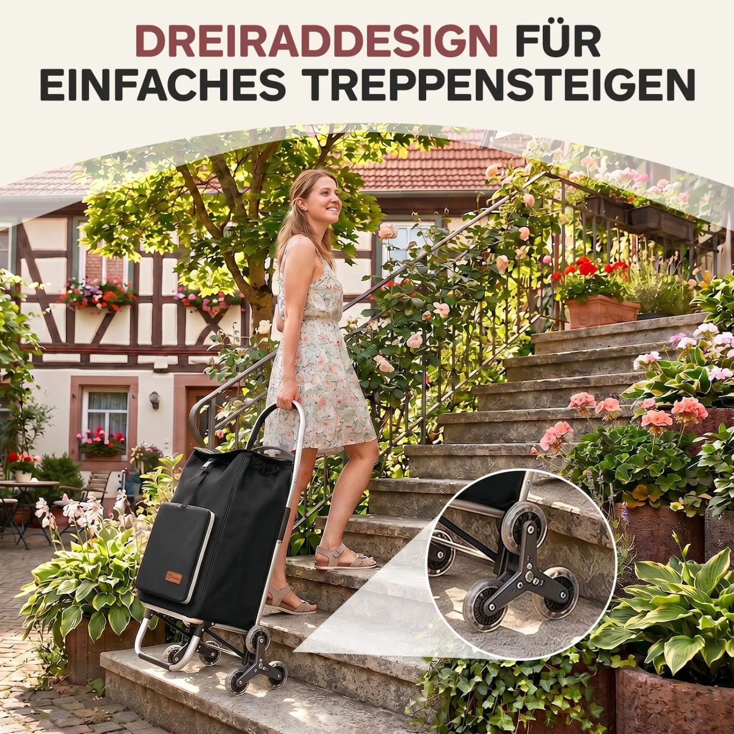 Sekey Treppensteiger Einkaufstrolley mit Rucksack, schwarz, beim Treppensteigen.