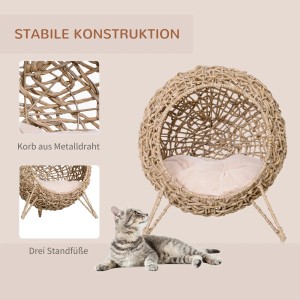 PawHut Katzenhaus aus Korb mit Kissen und Füßen, modernes Design. Katze liegt davor.