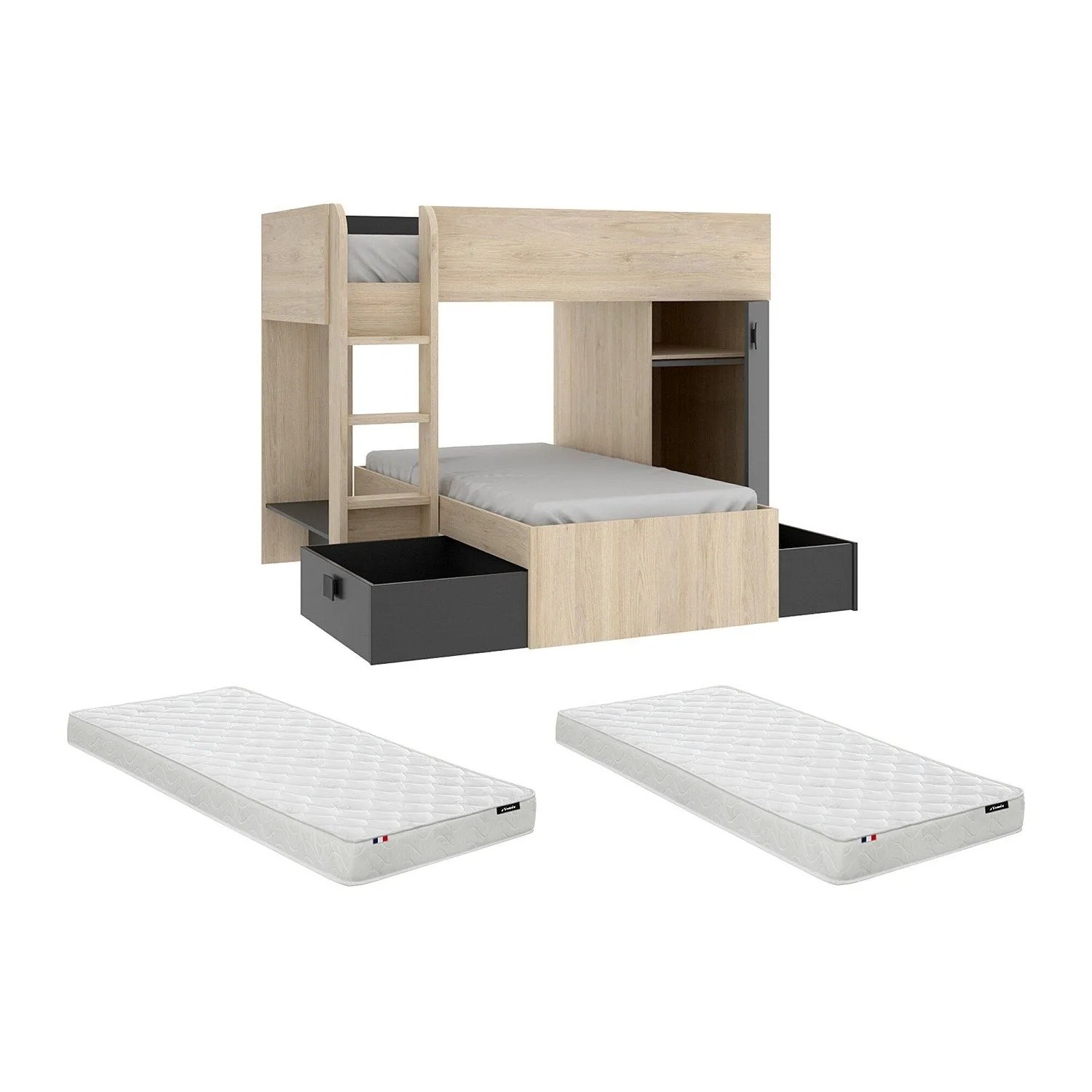 Vente-unique Etagenbett Ricardo Anthrazitgrau  Naturfarben Hell 255 cm
