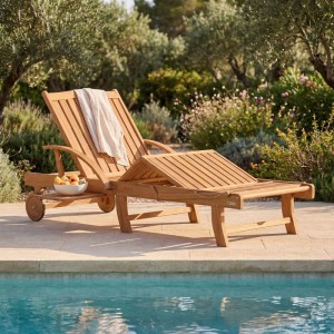 Juskys Akazienholz Sonnenliege SunScape mit Rädern und Tisch am Pool.