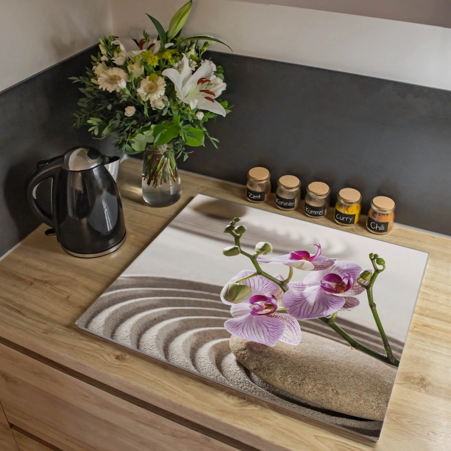 Banjado Herdabdeckplatte Glas mit Zen Relax Motiv, 60x52cm, auch als Schneidebrett nutzbar.