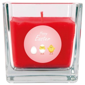 Rote HS Candle Duftkerze im Glas mit Küken Motiv für Ostern, 50h Brenndauer.