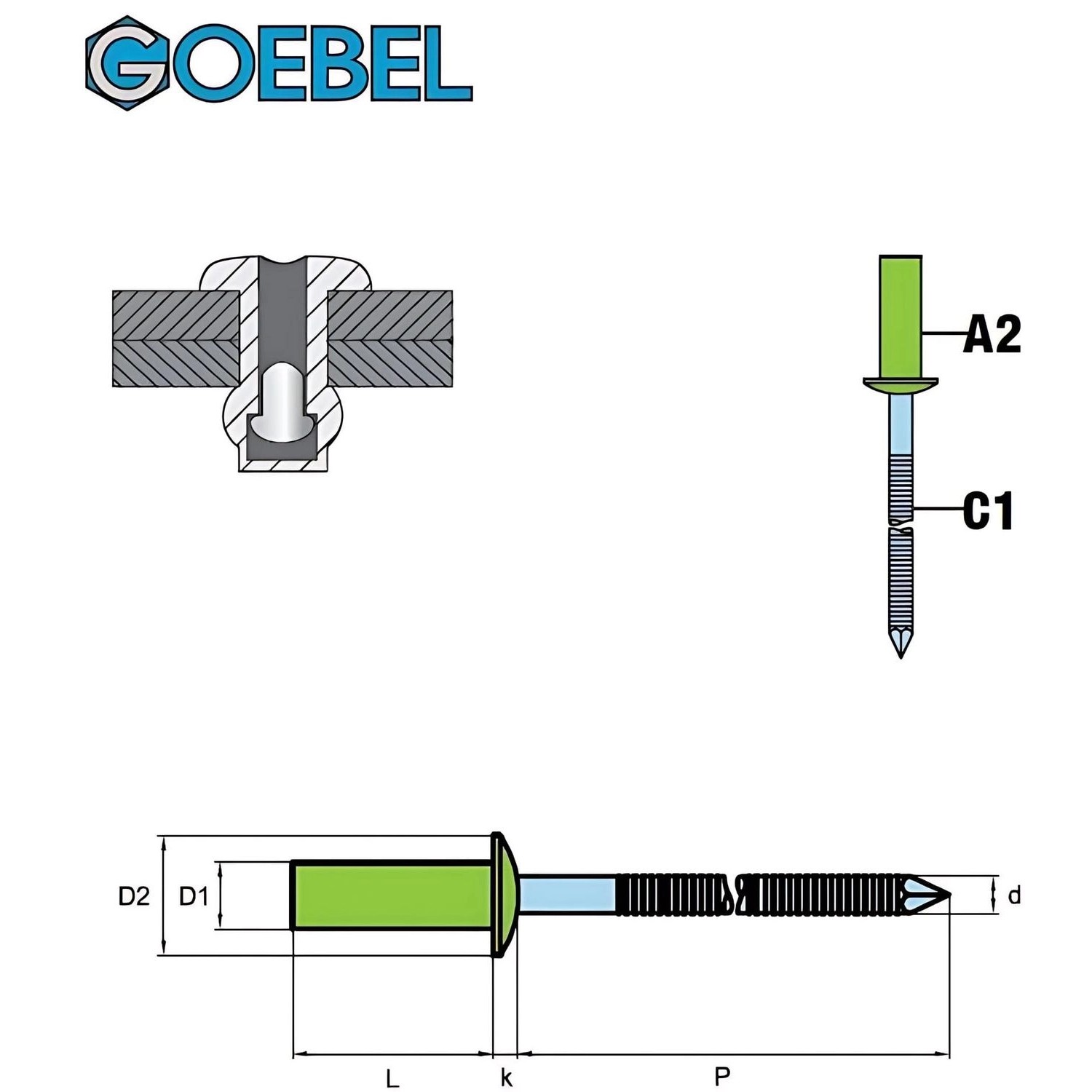 GOEBEL Dicht-Becherblindniete, Edelstahl A2/C1, 4,8x8 mm, Flachkopf. Blindniete für Zangen.