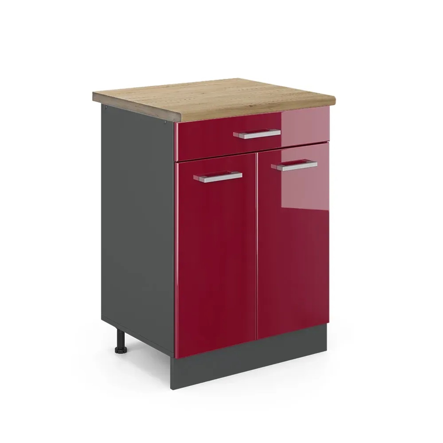 Vicco Küchenunterschrank R-Line Bordeaux Hochglanz/Anthrazit 80 cm AP Eiche mit Anthrazit Korpus