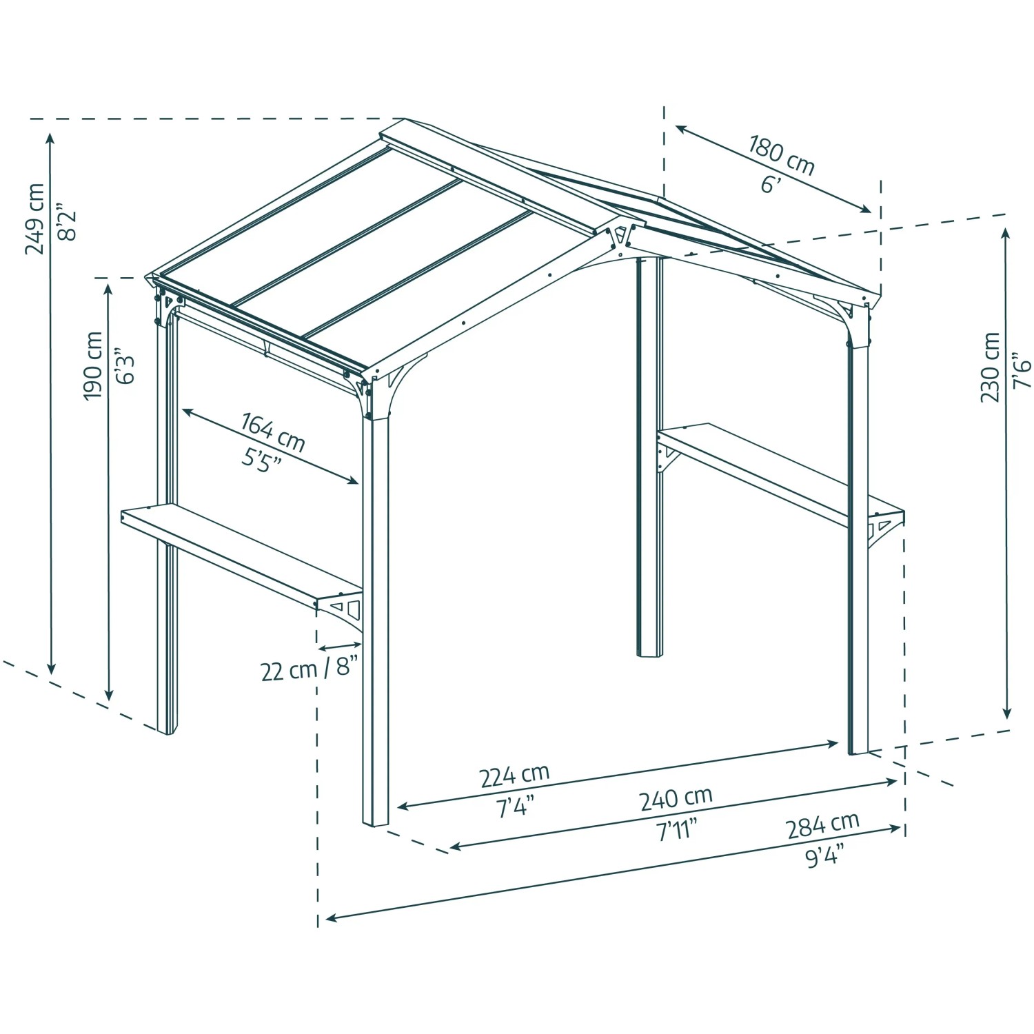 Technische Zeichnung: Palram Canopia Austin BBQ Pavillon, 249x284x180 cm, schwarz, mit Maßen.