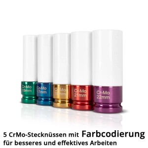 STAHLWERK Schlagschrauber Nüsse Set, 5-teilig, farbcodiert (15-22 mm) für Schrauber Zubehör.