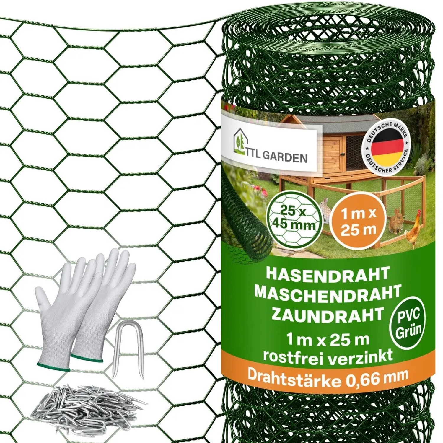 TTL GARDEN Hasendraht Grün 1m x 25m 25x45mm Masche Ø0,66mm PVC Beschichtet Drahtgitter mit 100 Krampen & Handschuhen