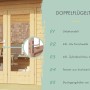 Detailansicht Karibu Gartenhaus Adelie: Doppeltür mit Zylinderschloss und Echtglasfenstern.