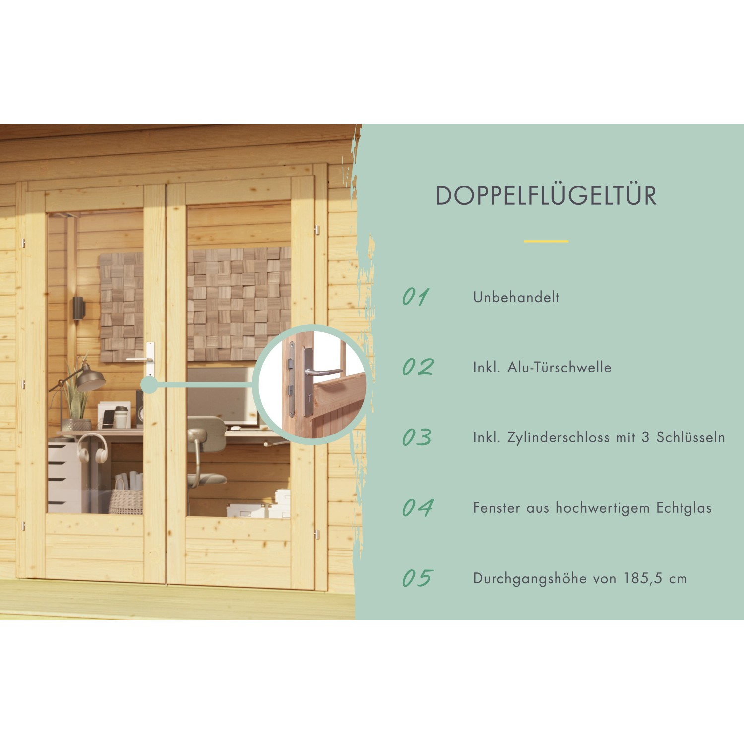 Detailansicht Karibu Gartenhaus Adelie: Doppeltür mit Zylinderschloss und Echtglasfenstern.