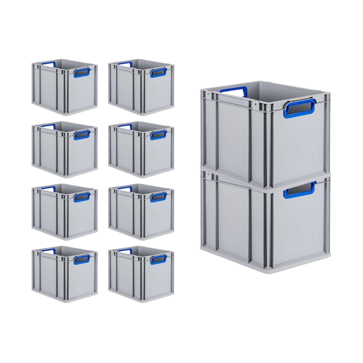 PROREGAL Spar Set: 10 graue Euroboxen mit blauen Griffen, 30 Liter, für Lagerung und Transport.
