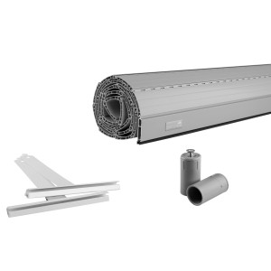 Schellenberg Rollladenpanzer Mini PVC Grau 90x70cm, mit Zubehör wie Aufhängefedern und Rollladenstopper.