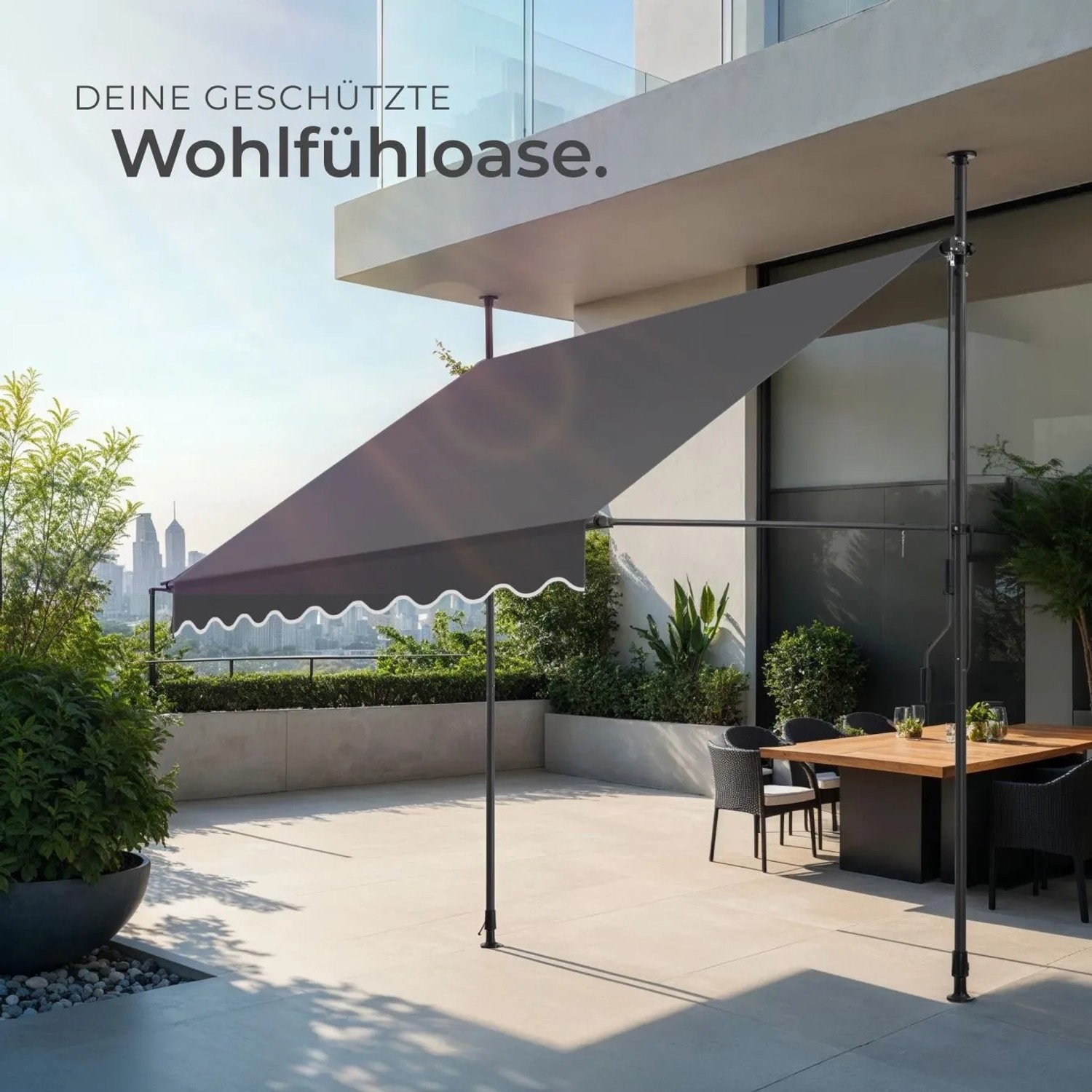 Tectake Klemmmarkise Schwarz Grau mit Handkurbel, UV-beständig, auf modernem Balkon für Sonnenschutz.