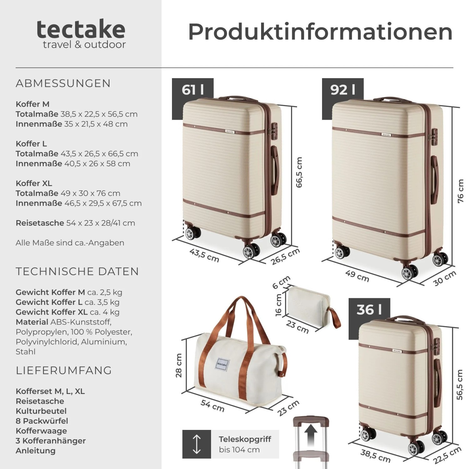 Tectake Reisekofferset Madison 13 Teilig Hartschalen Aus Robustem Abs Kunststoff Tsa Sicherheitszahlenschloss 30 x 49 x 76 cm Creme_6