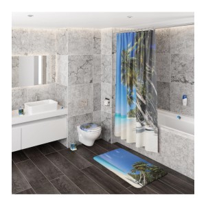 Badezimmer mit Sanilo Badewannenstöpsel Karibik, Duschvorhang und WC-Sitz mit Strandmotiv.