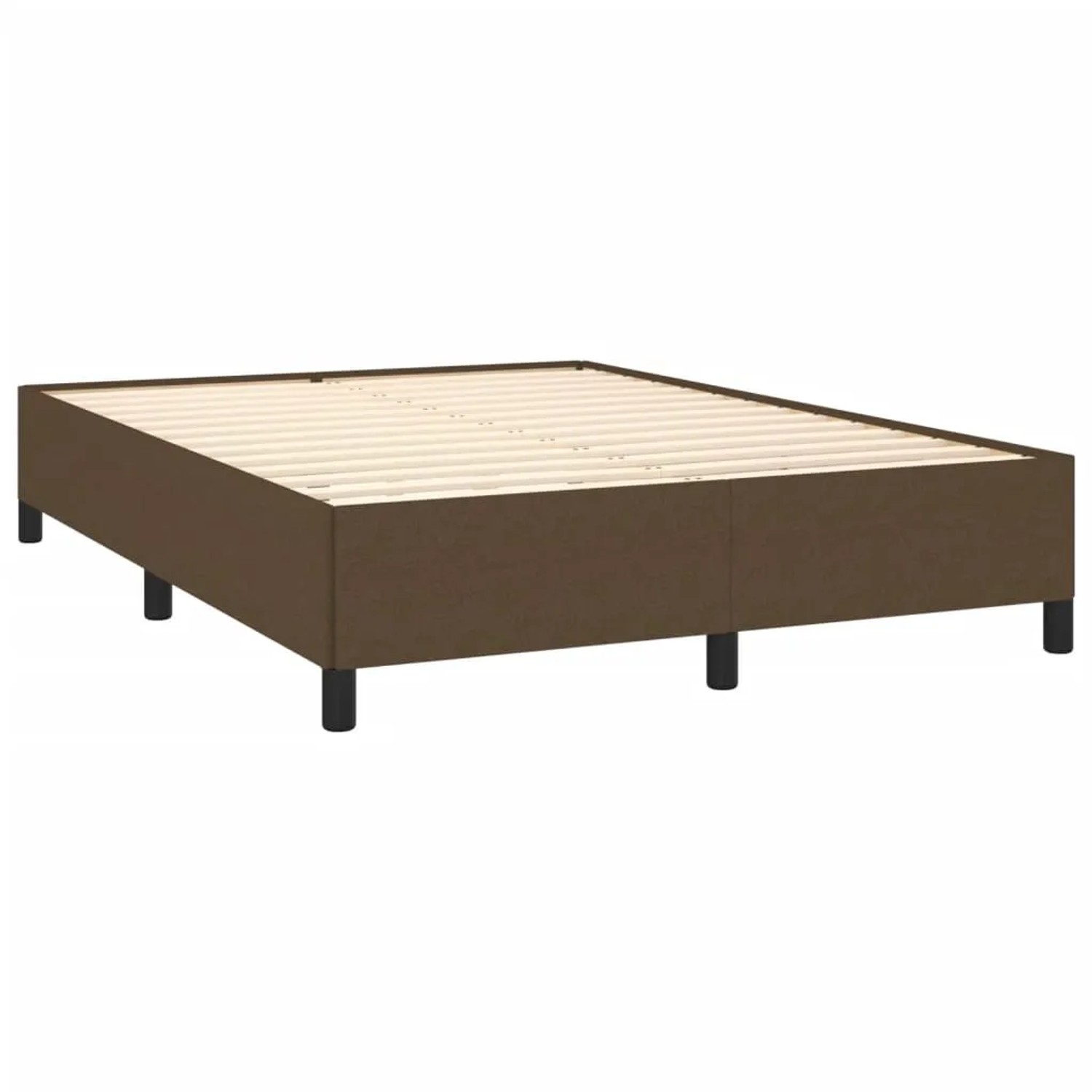 Dunkelbraunes Stoff-Bettgestell 140x190 cm mit Lattenrost und schwarzen Füßen.