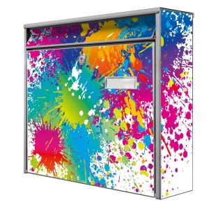 Banjado Briefkasten Silber mit Farbspritzer-Motiv, inkl. Montagematerial und 2 Schlüsseln.