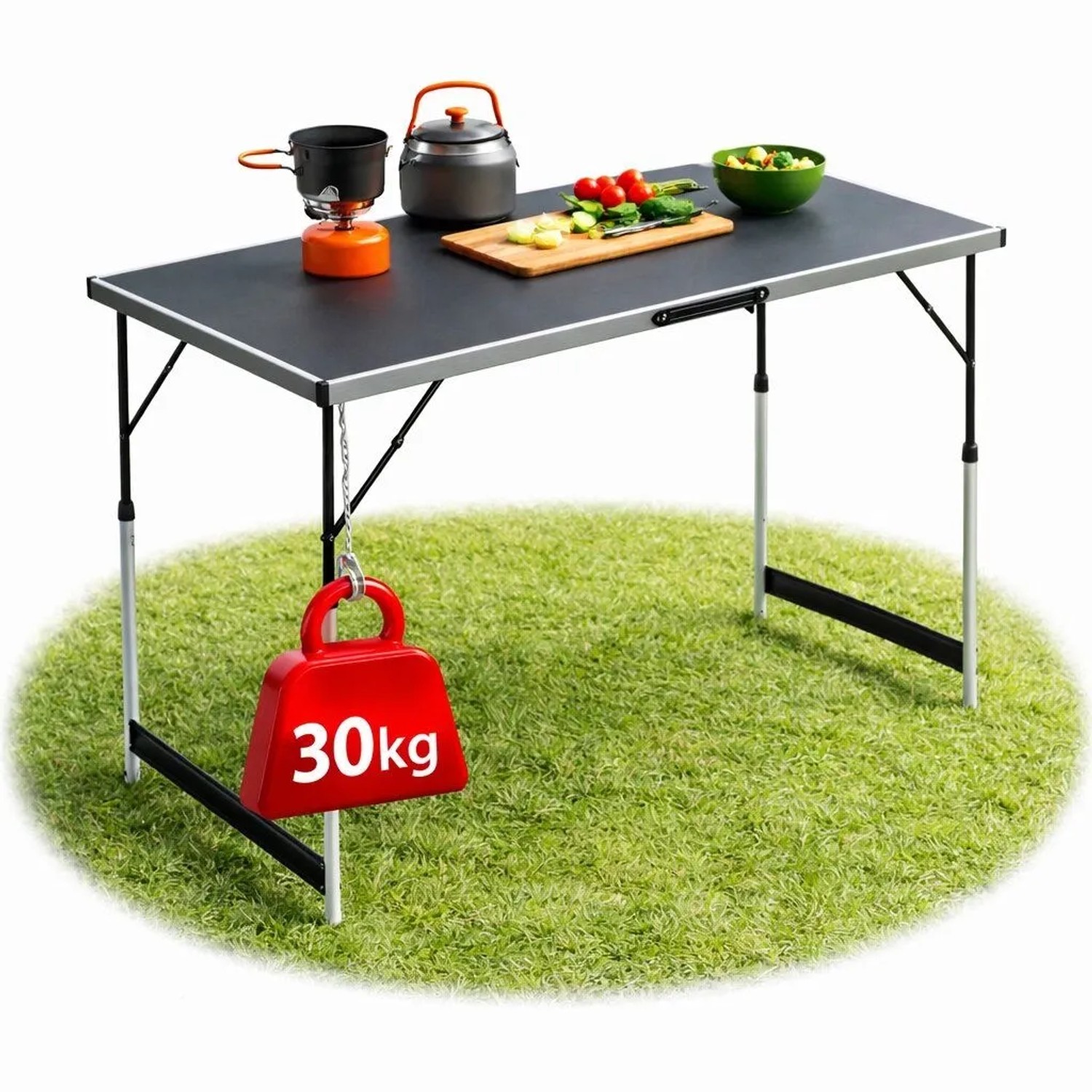 Höhenverstellbarer, klappbarer Campingtisch 100x60 cm, vielseitig als Markt- oder Gartentisch nutzbar.