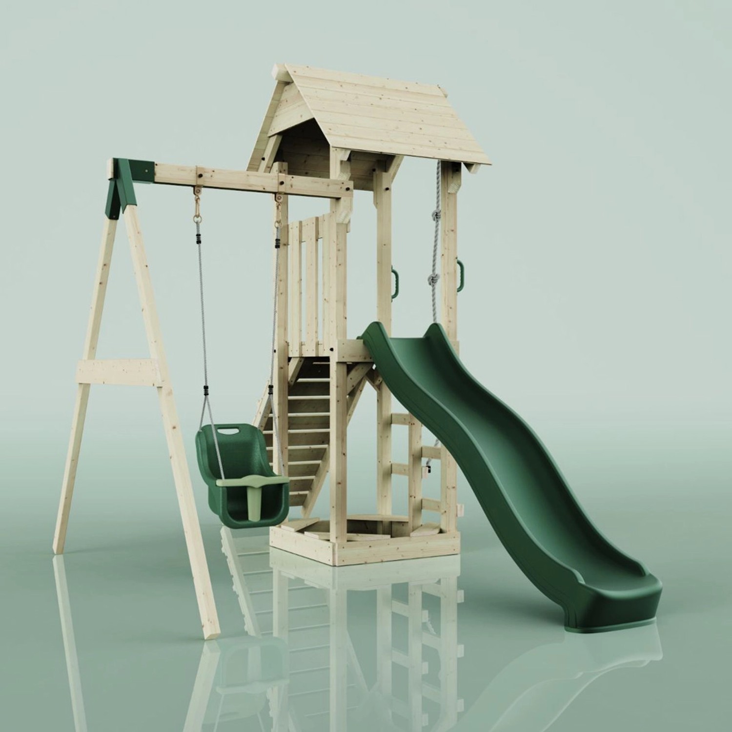 PolarPlay Spielturm Göteborg mit Babyschaukel und grüner Rutsche aus Holz.