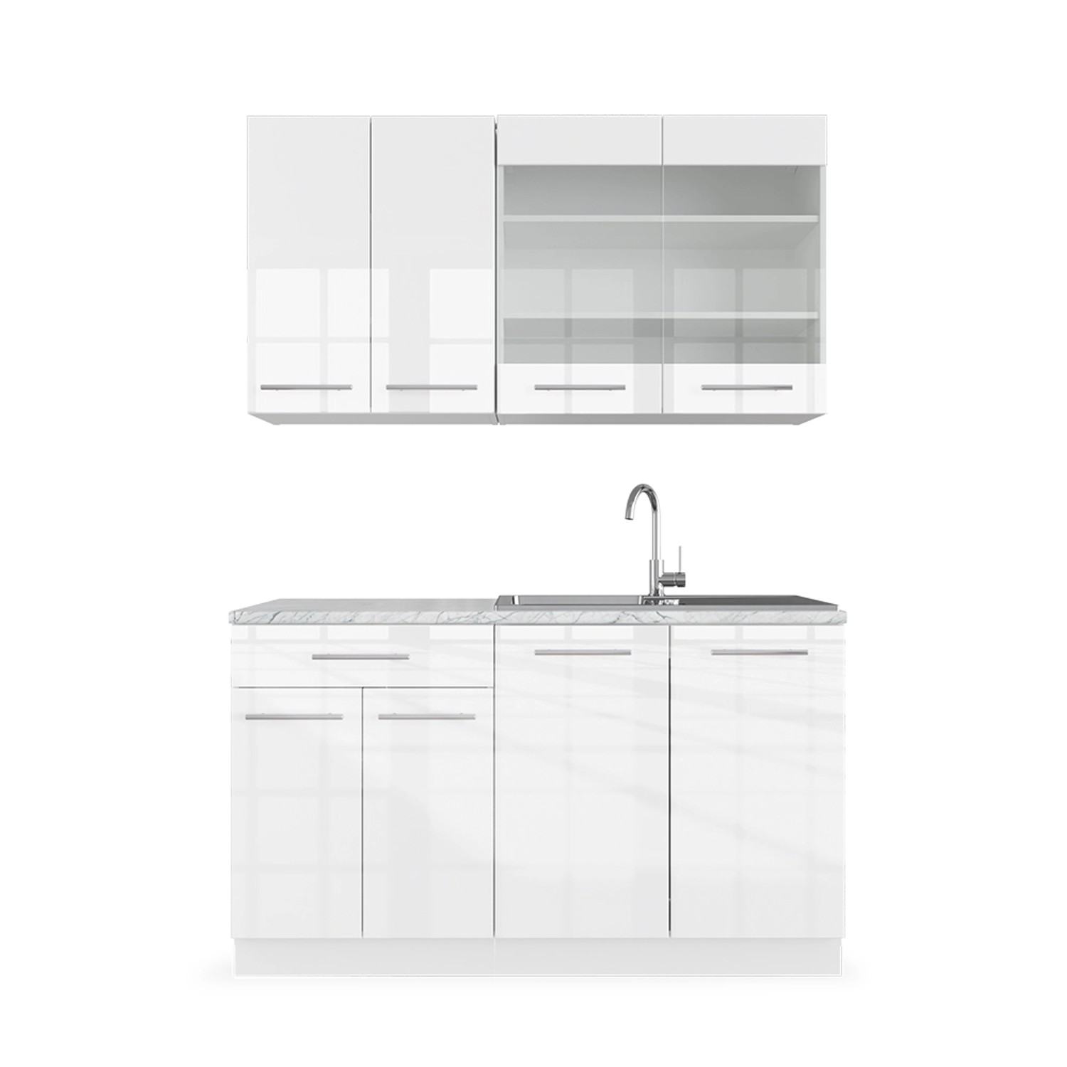 Vicco Fame-Line Singleküche Weiß Hochglanz/Weiß 140 cm AP Marmor günstig online kaufen