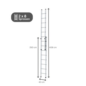 PROREGAL Sprossen-Schiebeleiter, 2-teilig, 2x8 Sprossen, ausgefahren 408 cm, eingefahren 250 cm.