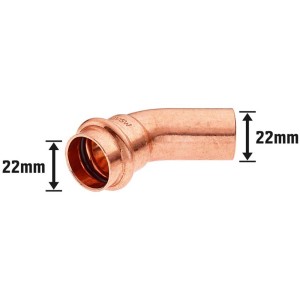 Kupfer Press-Bogen 45 Grad, 22 mm Durchmesser für Sanitär- und Heizungsinstallationen.