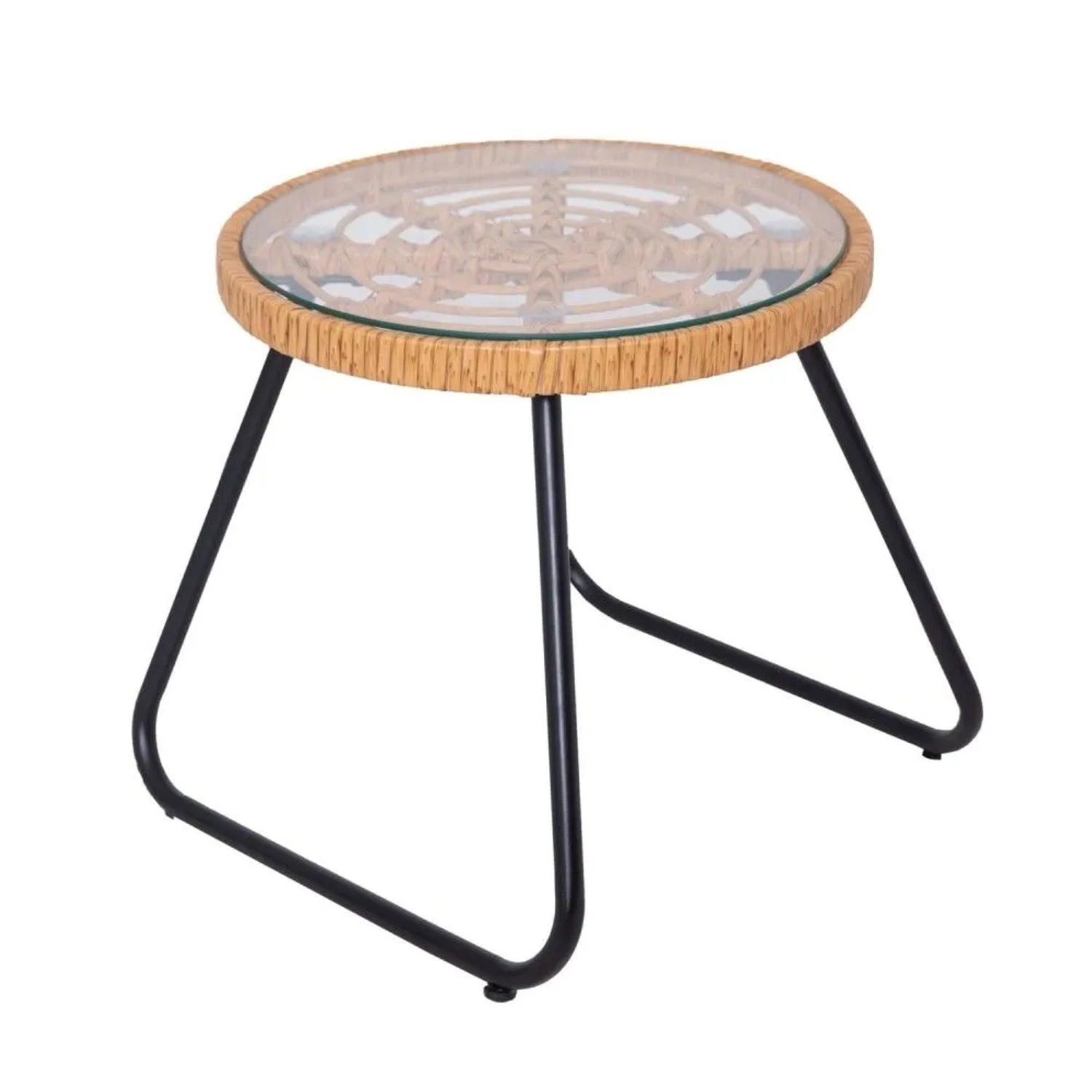 Runder Beistelltisch Svita Amalfi mit Glasplatte, naturfarbenem Polyrattan-Rand und schwarzen Metallbeinen. Ideal für Balkon.