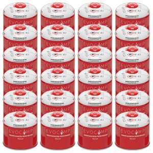 24er-Pack Evocamp Gaskartuschen (300g, Butan/Propan) mit Schraubventil für Campingkocher und Gasgrills.
