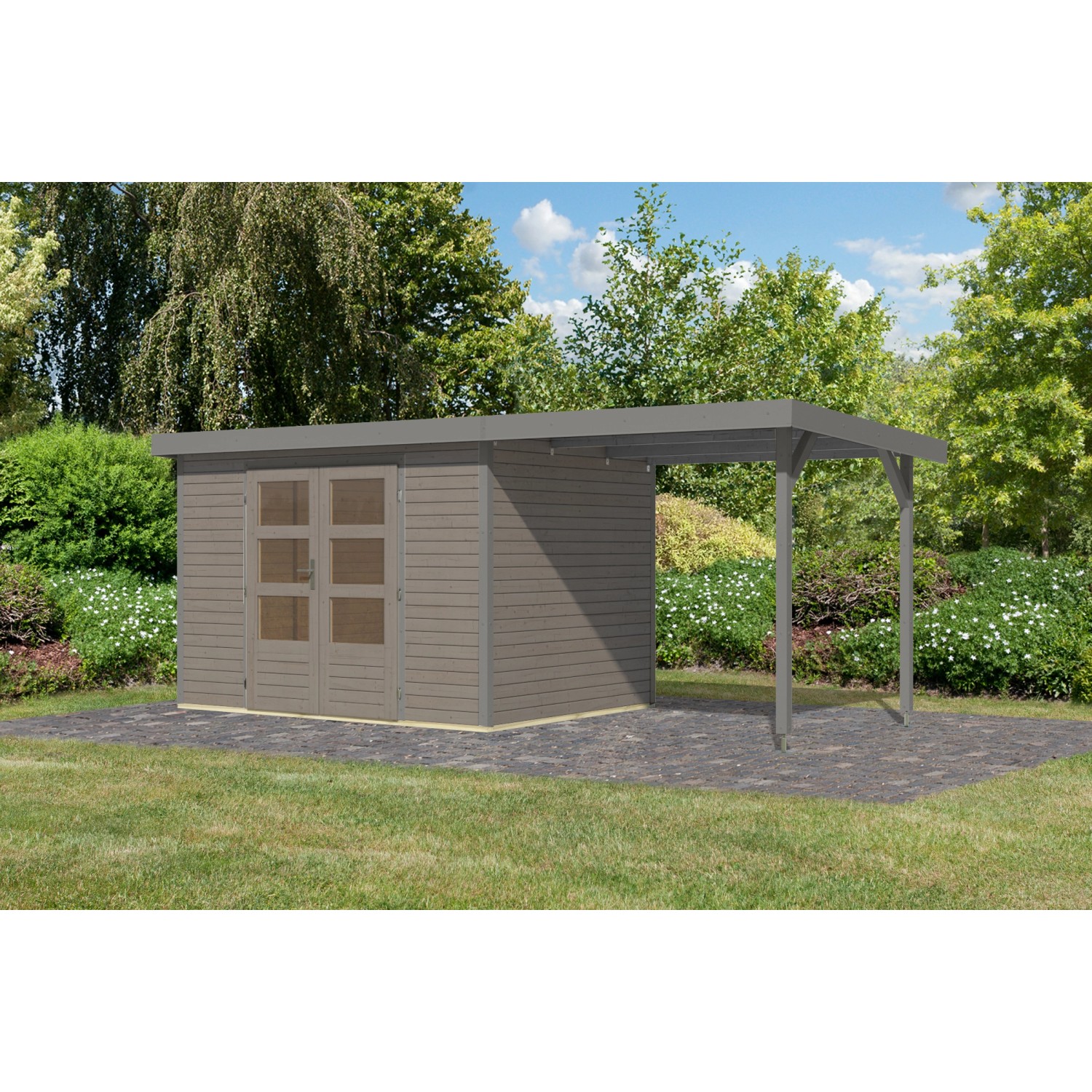 Karibu Gartenhaus Ernesto 4 D m. Anbaudach Wassergrau/Grau 209 x 298 x 213 günstig online kaufen