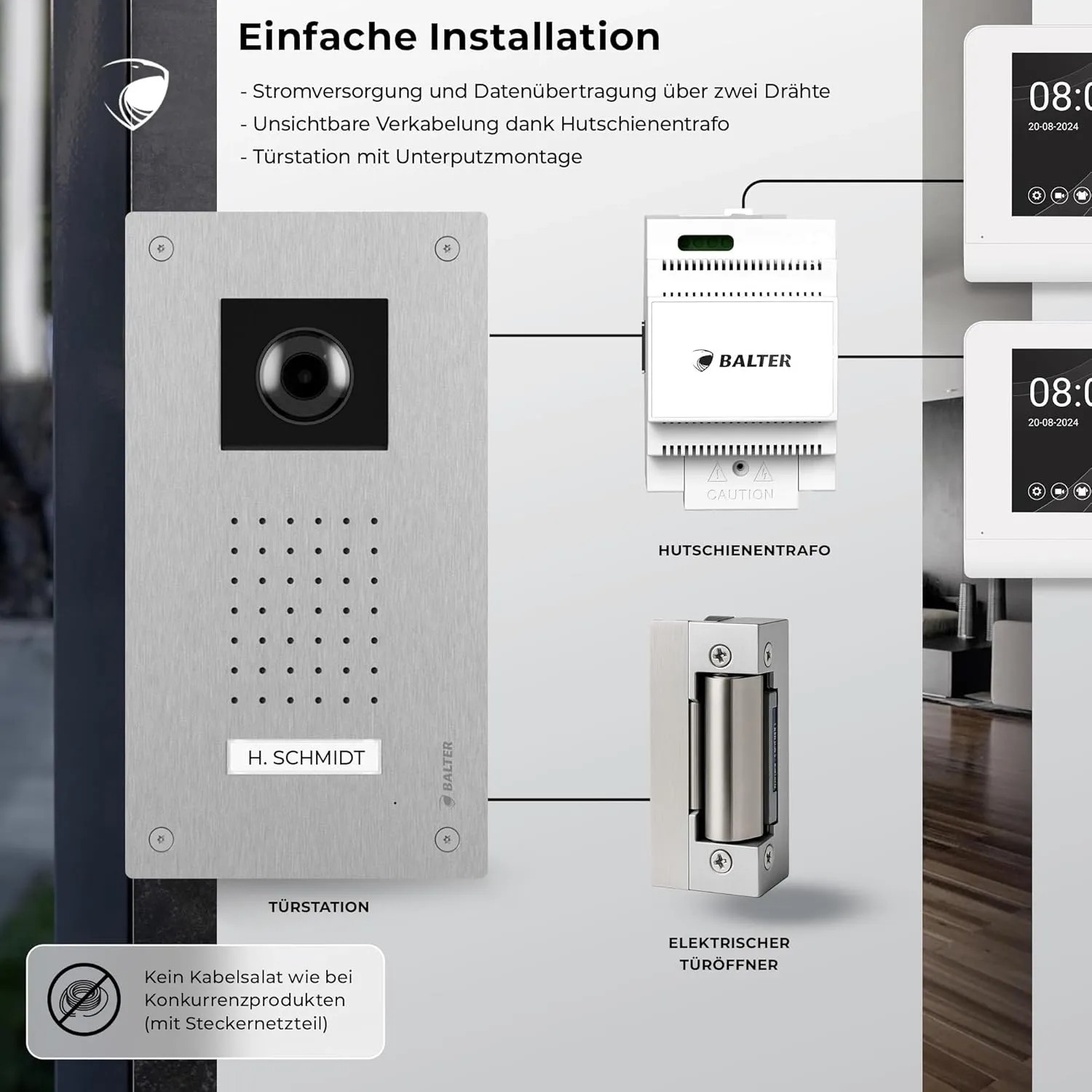 Balter Video Türsprechanlage Komplettset mit Türstation, Monitor, Trafo und elektrischem Türöffner.