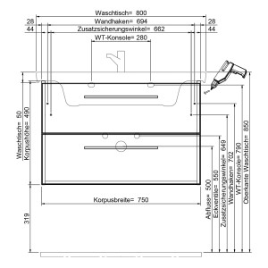 Skizze Waschtischunterschrank Steinkamp Living 2.0 mit Villeroy&Boch Subway 3.0, Maße und Details.