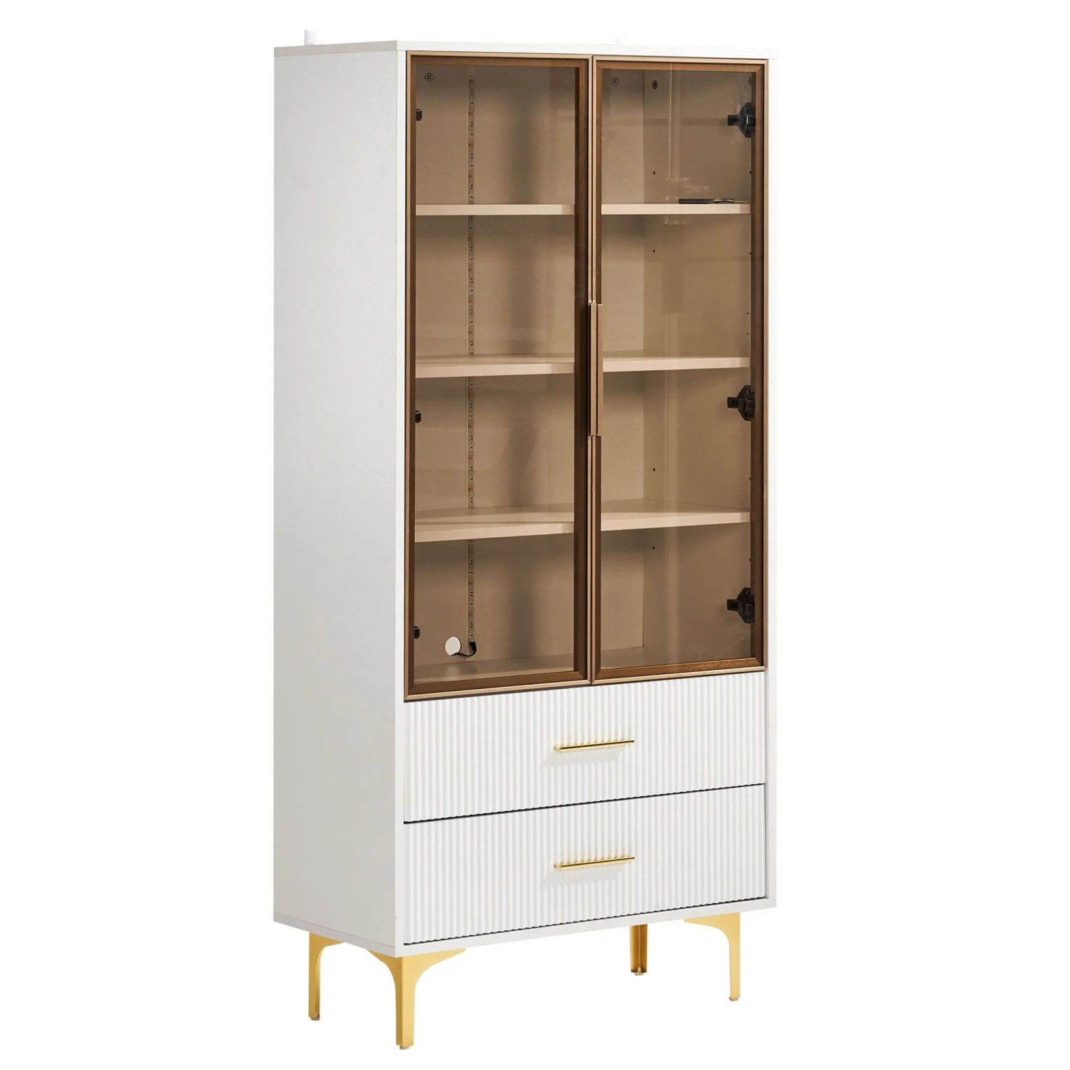 okwish Vitrine mit Glastüren LED Beleuchtung Verstellbare Einlegeböden 70x35x150cm Weiß