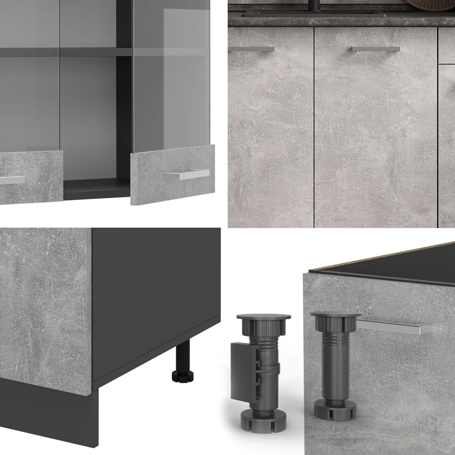 Vicco R-Line Singleküche, 140 cm, Beton/Anthrazit, ohne Arbeitsplatte. Kompakte Küchenzeile für kleine Räume.