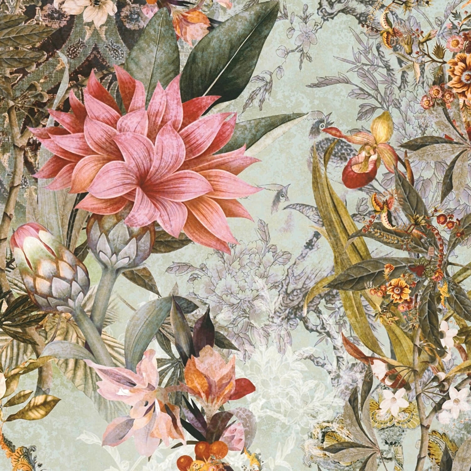 PROFHOME 381771-GU Blumen Tapete Floral Matt Grün Rosa Gelb Oliv-Grau 0,53 günstig online kaufen