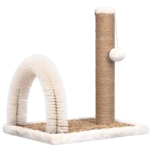 Katzenbaum mit Kratzsäule, Fellpflegebogen und Spielball in Braun/Weiß.