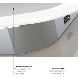 Detailaufnahme: DSK Design LED-Lichtspiegel Silver Rio mit An-Aus-Taster und hochwertigem Spiegelglas.