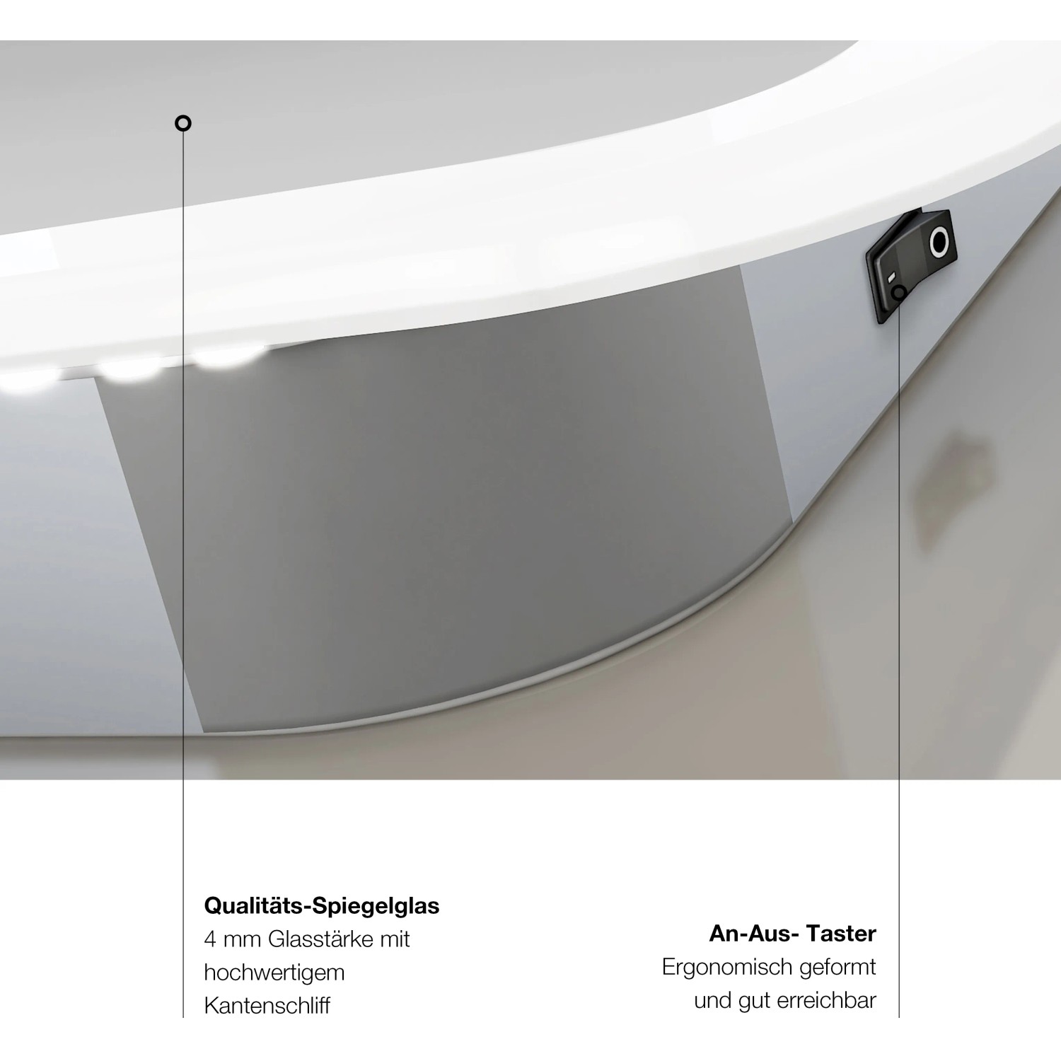 Detailaufnahme: DSK Design LED-Lichtspiegel Silver Rio mit An-Aus-Taster und hochwertigem Spiegelglas.