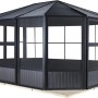 Sojag Pavillon Charleston 384x489 cm mit Stahl-Dach und Fenstern mit Moskitonetzen.