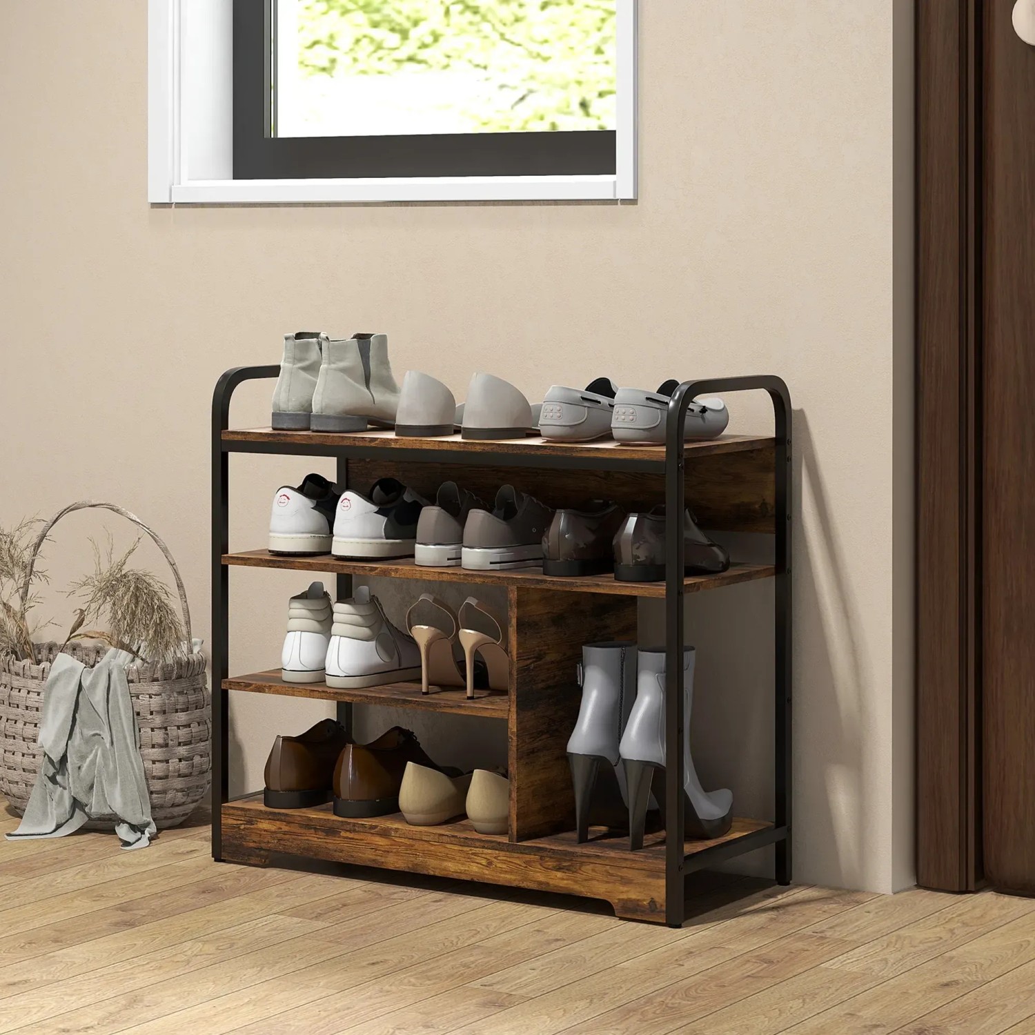 HOMCOM Schuhregal mit Griff, braun, aus Spanplatte und Metall, mit Schuhen bestückt.