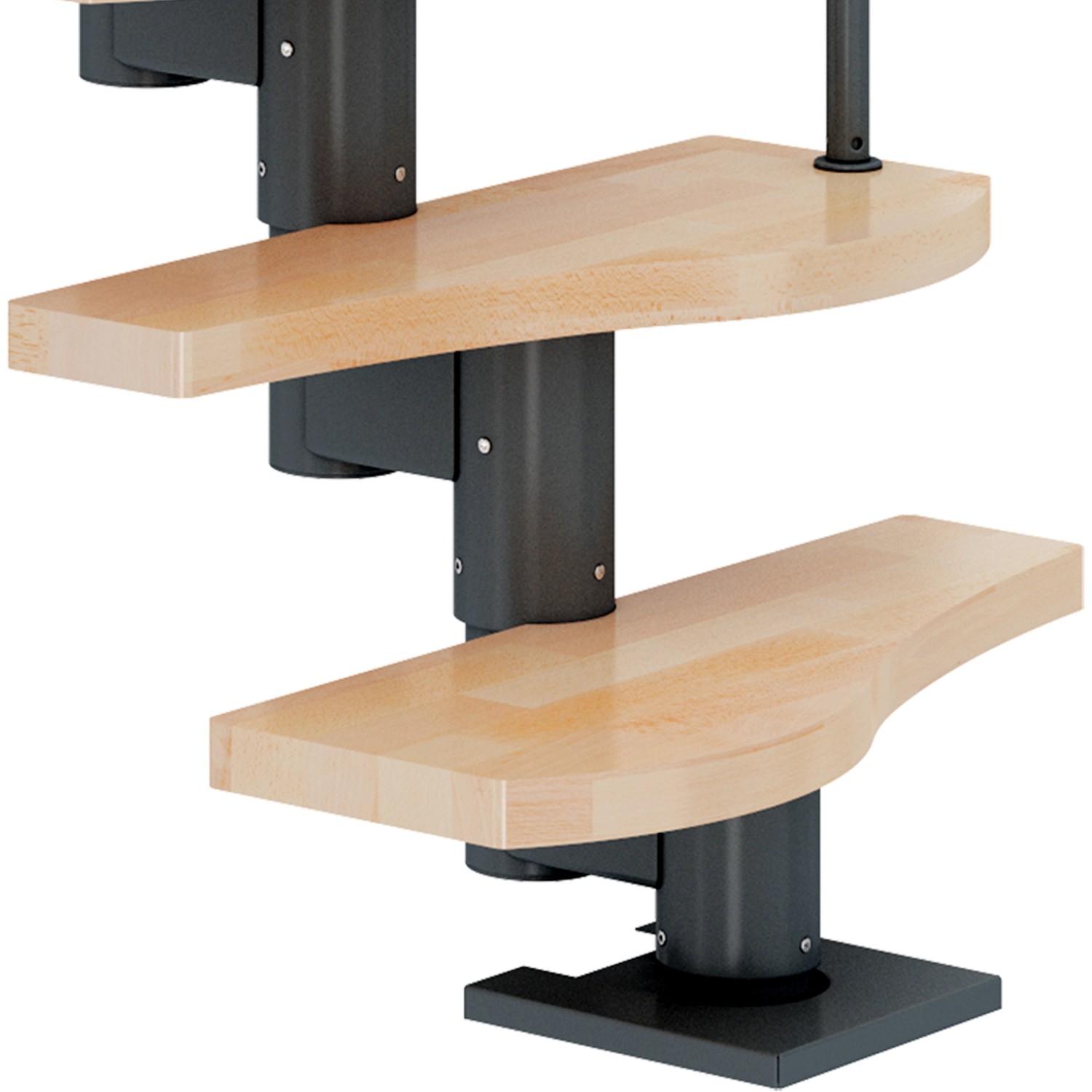 Dolle Mittelholmtreppe Basel Buche Anthrazit, variable Innentreppe mit Holzstufen und Metallgeländer.