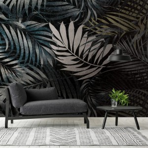 PROFHOME Fototapete Dschungel (Schwarz, Grau, Grün, Gelb) im Wohnraum mit Sessel und Tisch.