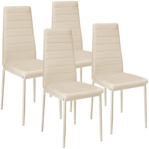 Vier beige Esszimmerstühle im Set. Gepolstert mit Kunstlederbezug, hoher Rückenlehne und stabilen Metallbeinen.