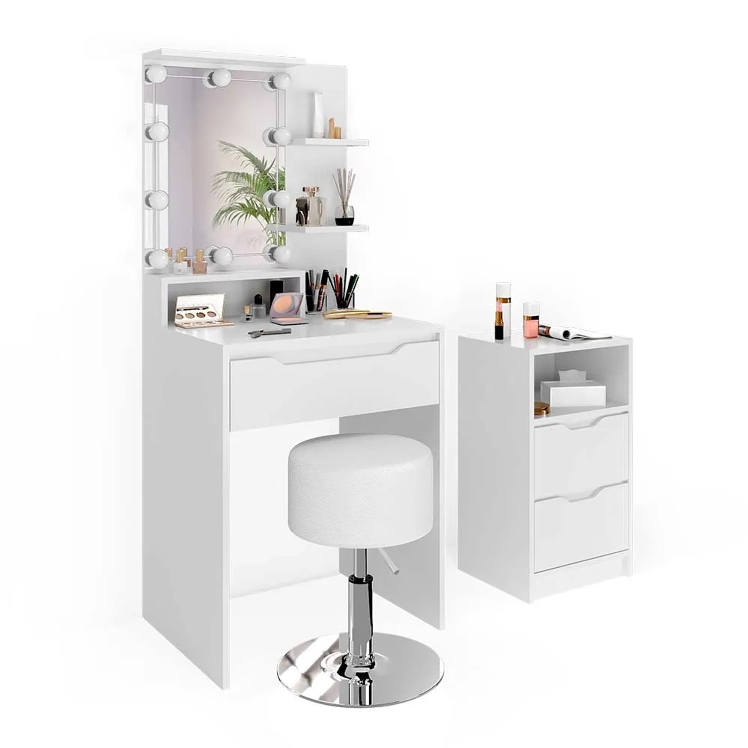 Weißer Vicco Schminktisch Ruben mit LED, Hocker und Schubladenschrank.