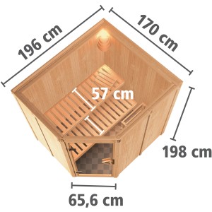 Karibu Sauna Livia mit Bio-Ofen, Außensicht mit Maßen. Massivholzsauna aus Fichte mit Liegen.