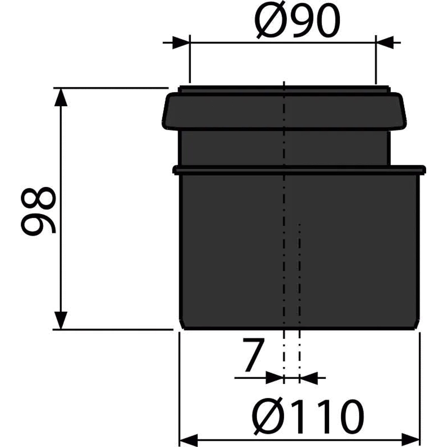 Technische Zeichnung Alcadrain M907 Reduktion DN90/110 mit Maßen.