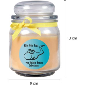 Gelbe Duftkerze im Bonbonglas mit Vatertagsmotiv und Vanilleduft.