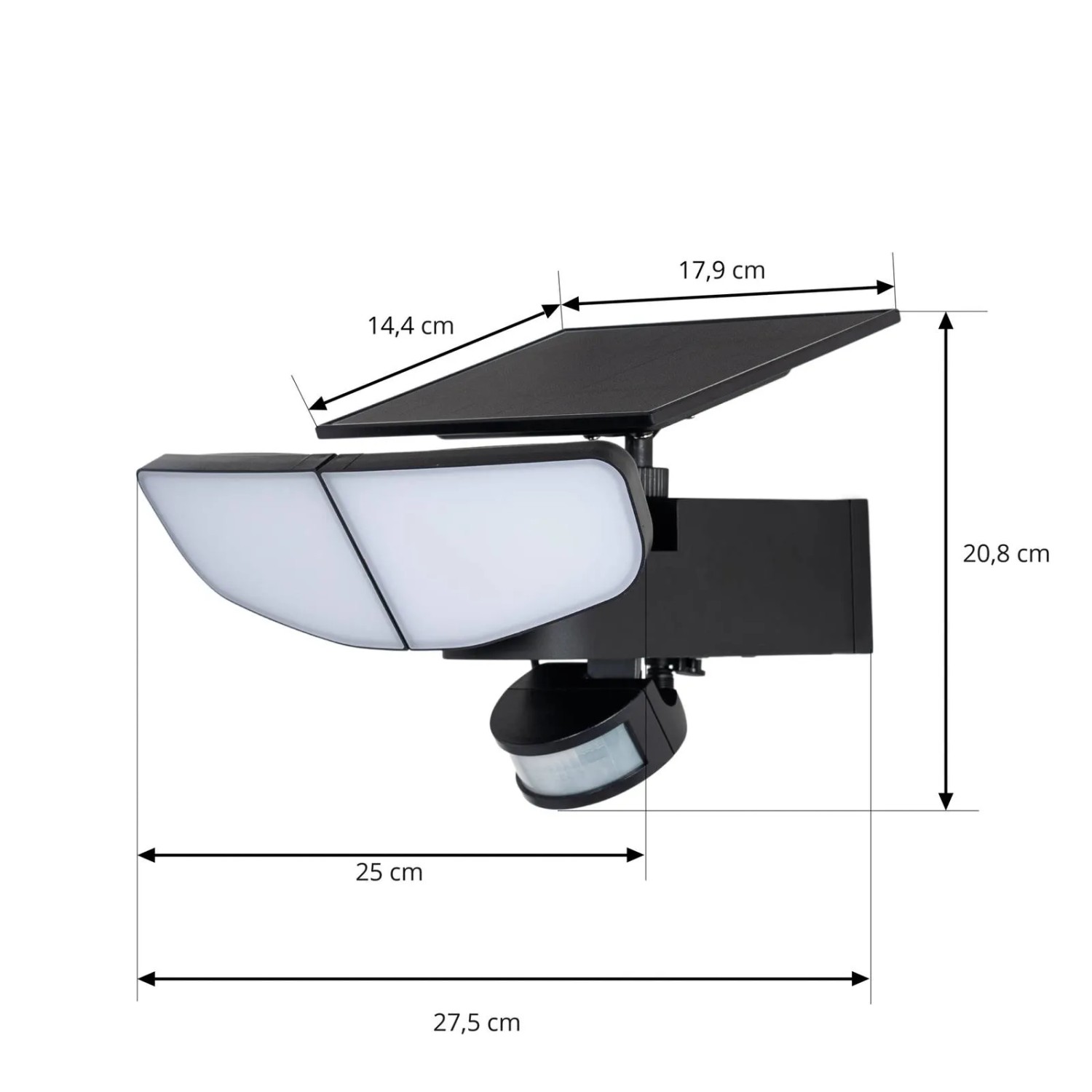Schwarze Lindby LED Solar-Wandleuchte Naelin mit Bewegungsmelder und Dimmfunktion, 2-flammig.