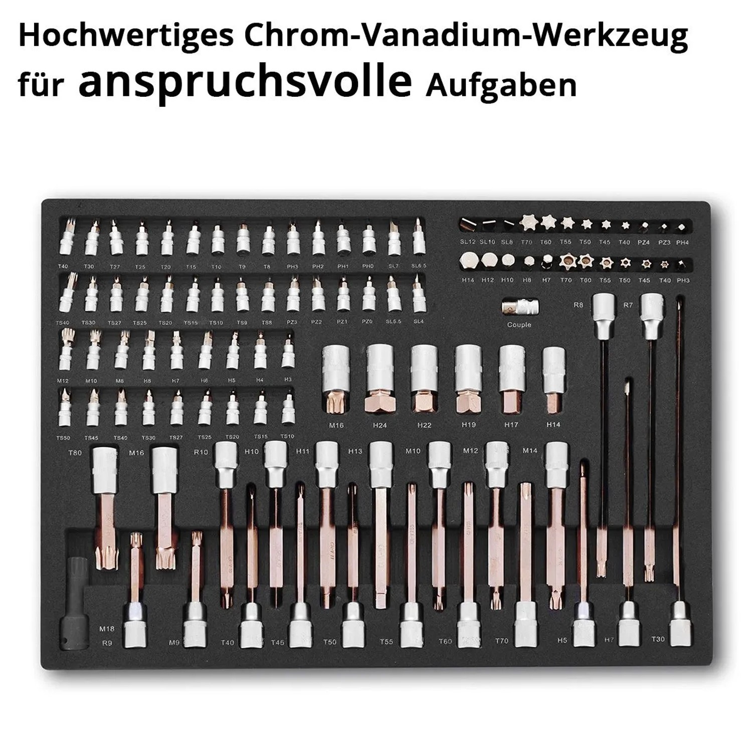 STAHLWERK Werkzeugwagen Einlage mit 102-teiligem Bit- und Steckschlüsselsatz in Schaumstoff