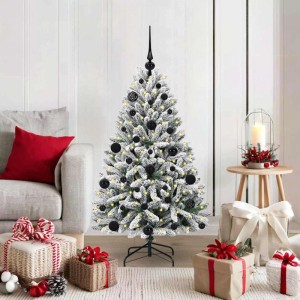 Geschmückter, künstlicher, grün-weißer Weihnachtsbaum (120 cm) mit LED-Lichtern und schwarzen Kugeln.