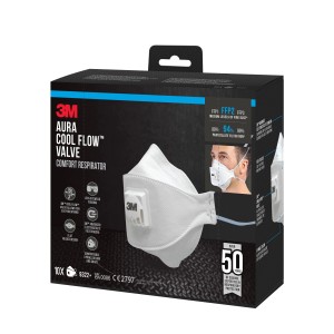 3M Aura Komfort Atemschutzmaske FFP2, 10er-Pack. Weißer Atemschutz mit Cool Flow Ventil in Produktverpackung.